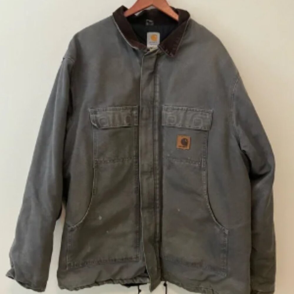 VTG Carhartt Jacket Mens 2XL Tall Gray C26 MTL Lined Barn Chore Cord Collar